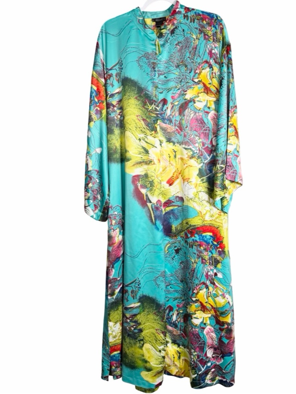 Natori Women's Medium Teal Floral Zip Up Long Sleeve Maxi zip Caftan Robe